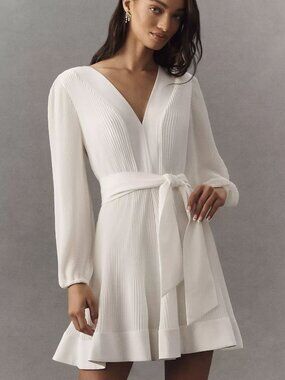 Milly Liv Long-Sleeve V-Neck Pleated Belted Mini Dress